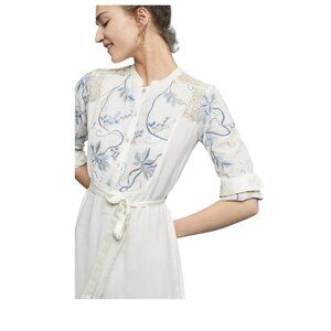 Anthropologie Timy Amarante Embroidered Shirt Dress W/ Metallic Gold Lace & Pear